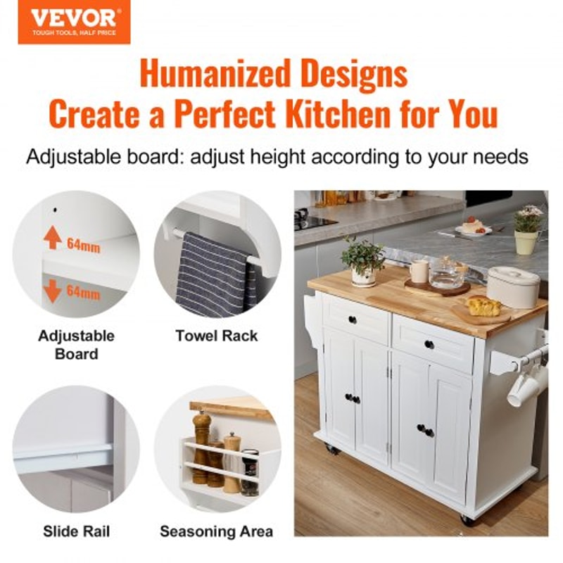 Prestige Rolling Kitchen Island Cart With Solid Wood Top Storage Cabinet 1