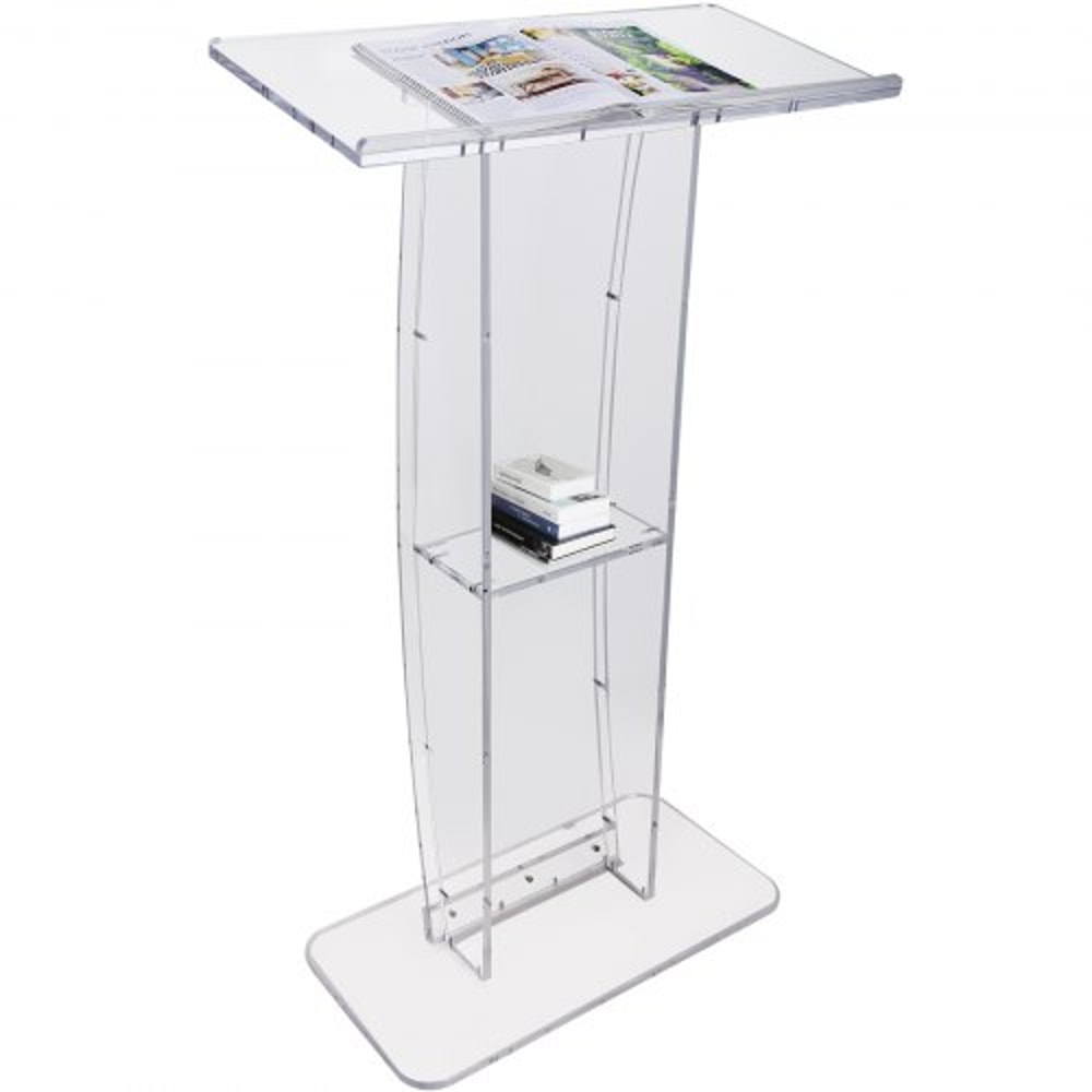 Clear Acrylic Podium Stand With Wide Desktop Storage Shelf 0