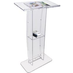 clear acrylic podium stand with wide desktop & storage shelf