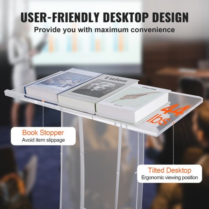 Clear Acrylic Podium Stand With Wide Desktop Storage Shelf 4