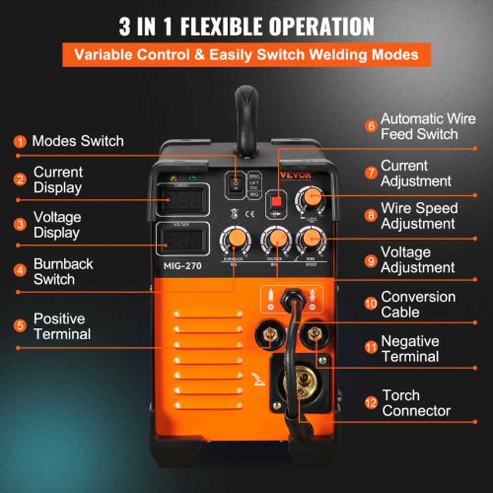 MIG Inverter Welder Machine 270A Flux Core TIG MMA Combo 4