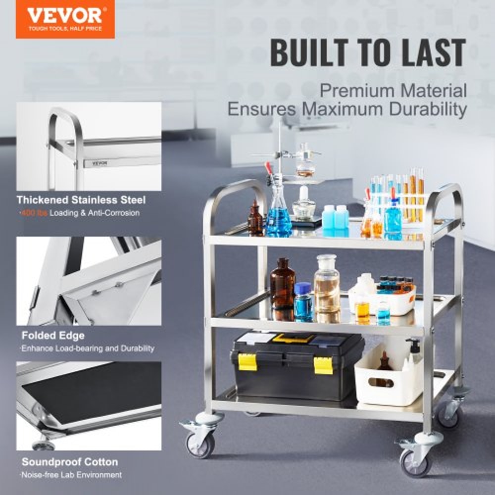 Premium 3 Tier Stainless Steel Utility Cart With Lockable Wheels And 400lb Capacity 1