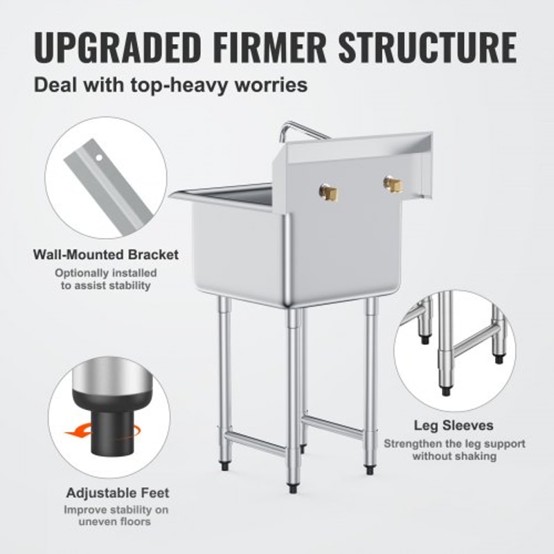 Heavy Duty Stainless Steel Prep Commercial Utility Sink With Faucet Legs 3