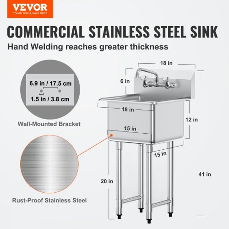 Heavy Duty Stainless Steel Utility Sink With Faucet Legs Commercial Prep Sink 3