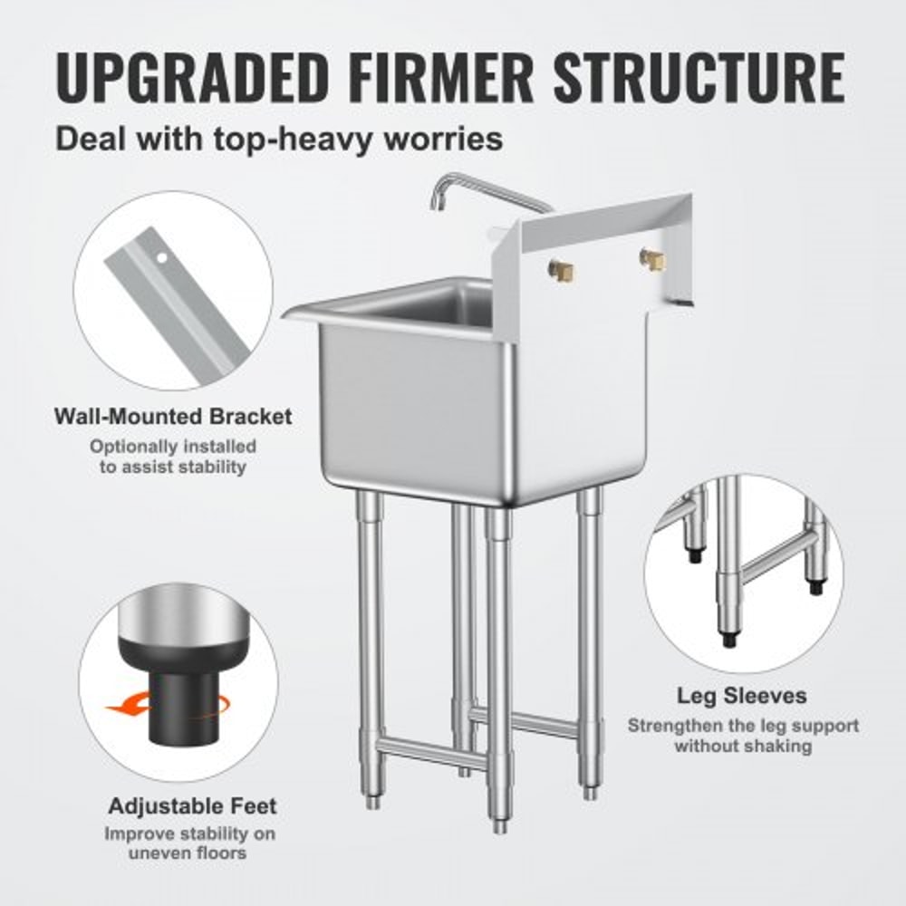 Heavy Duty Stainless Steel Utility Sink With Faucet Legs Commercial Prep Sink 5