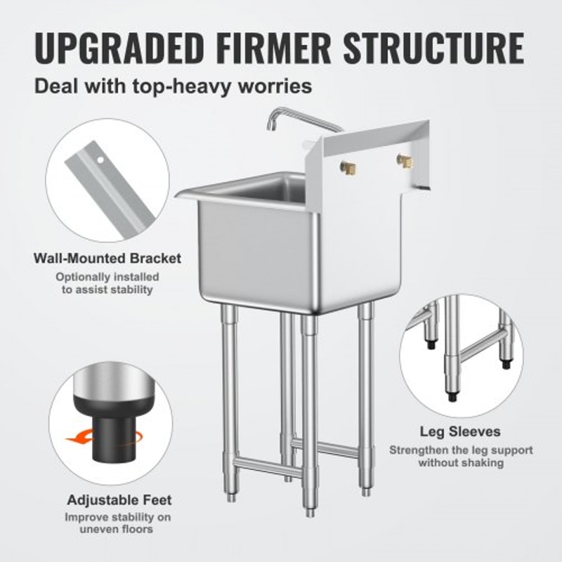 Heavy Duty Stainless Steel Utility Sink With Faucet Legs Commercial Prep Sink 5