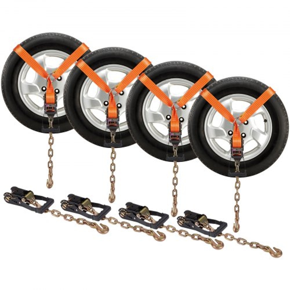 Heavy Duty Vehicle Tie Down Straps 4 Pack with Chain Anchors & Ratchets