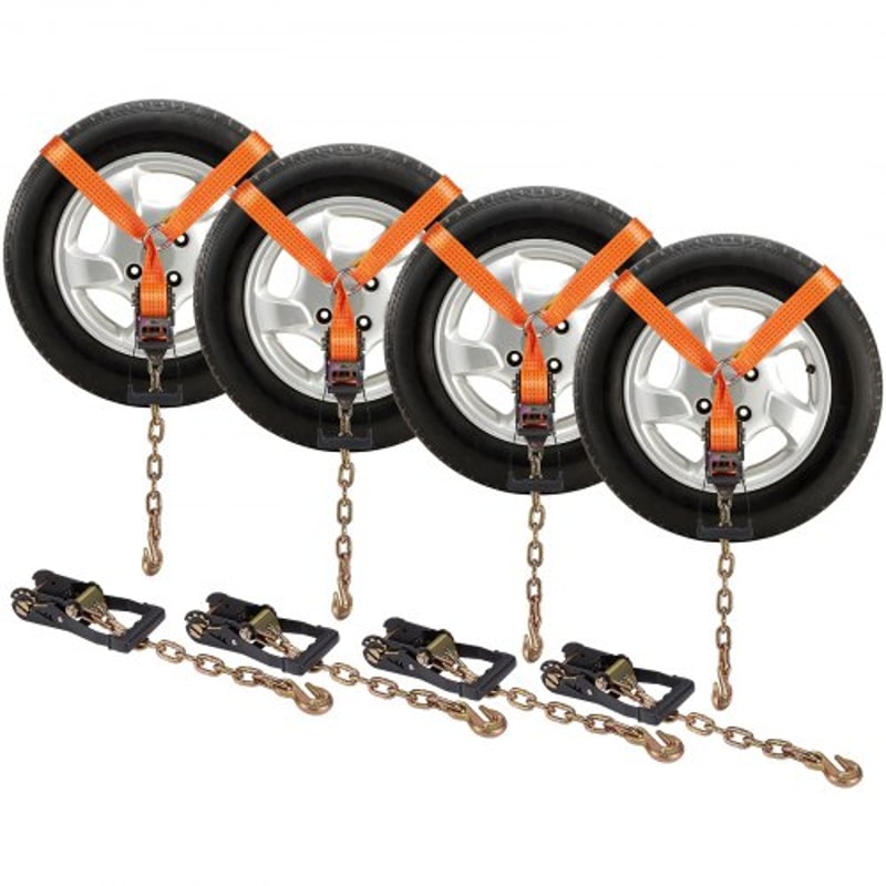 Heavy Duty Vehicle Tie Down Straps 4 Pack with Chain Anchors & Ratchets