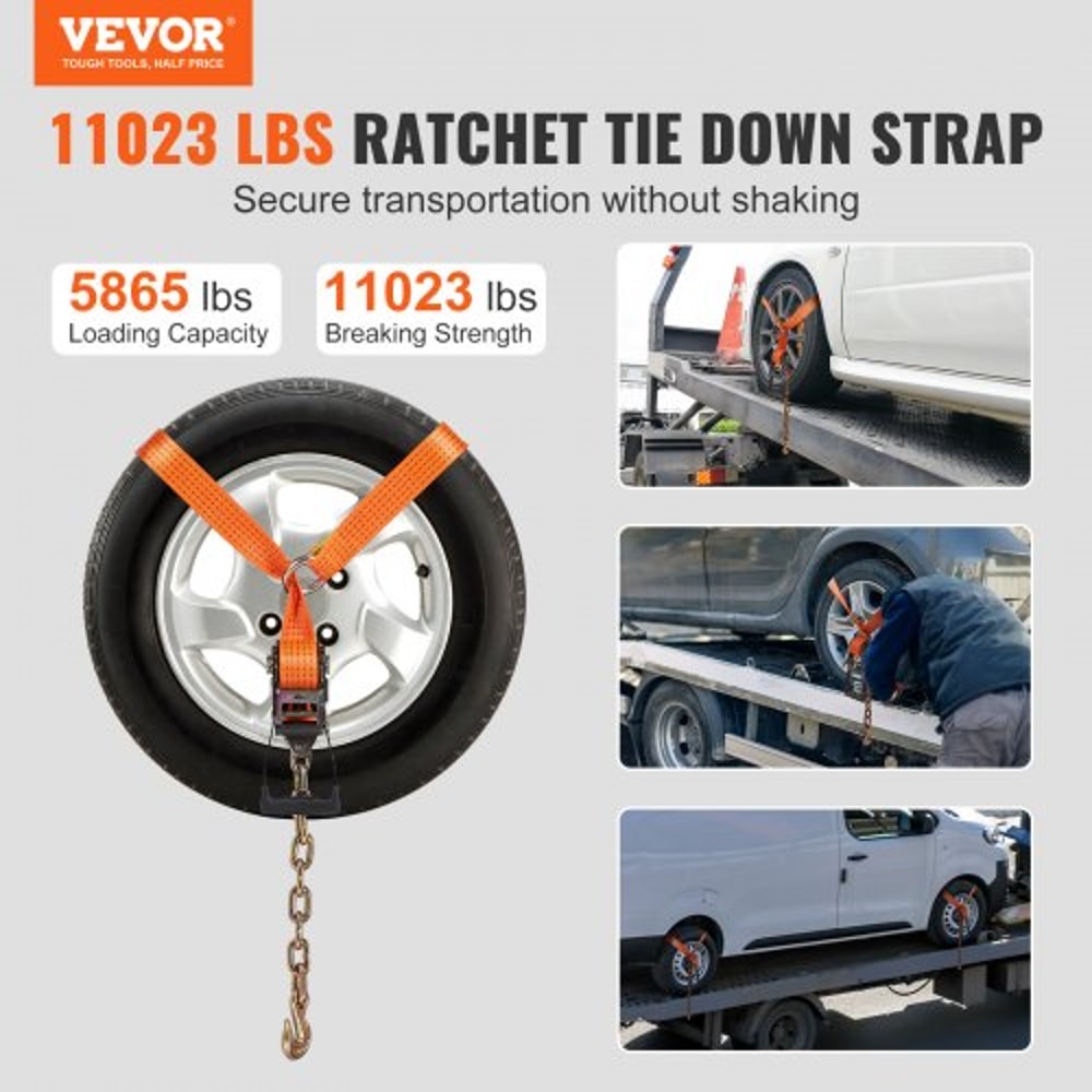 Heavy Duty Vehicle Tie Down Straps 4 Pack with Chain Anchors & Ratchets