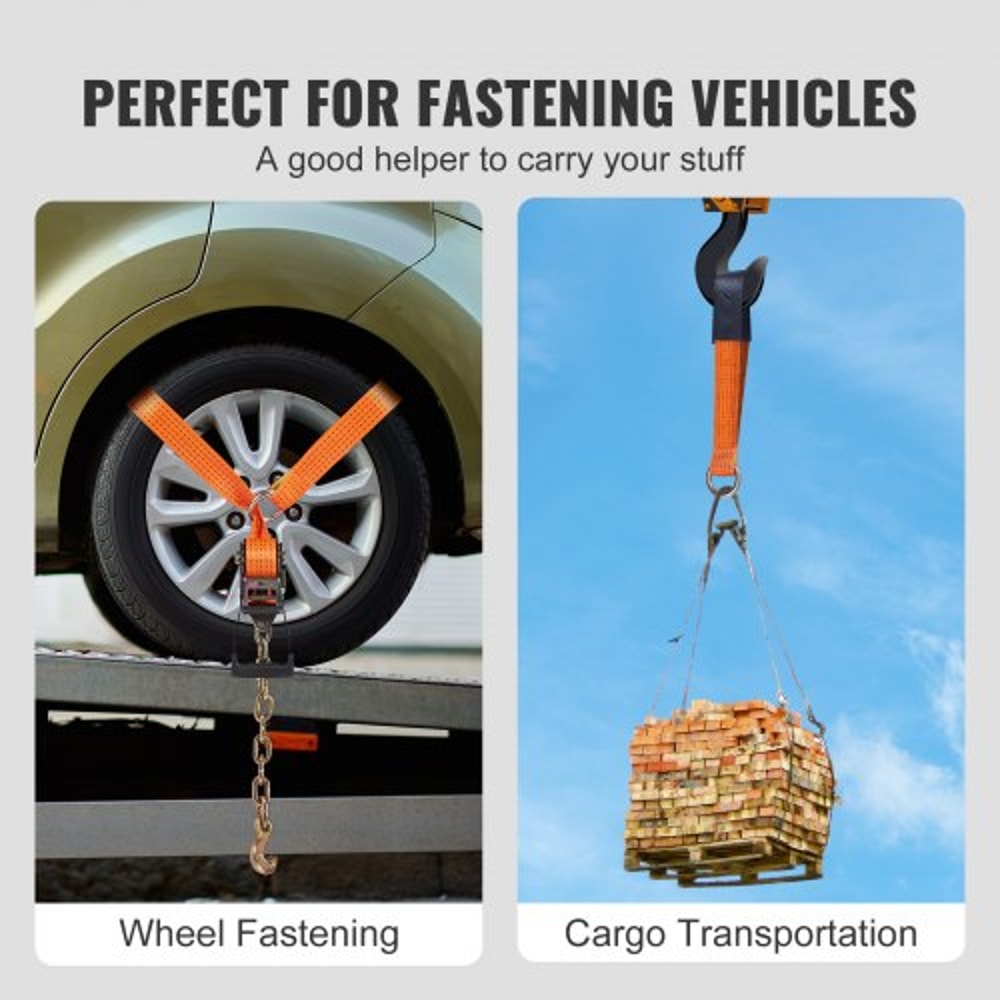 Heavy Duty Vehicle Tie Down Straps 4 Pack with Chain Anchors & Ratchets