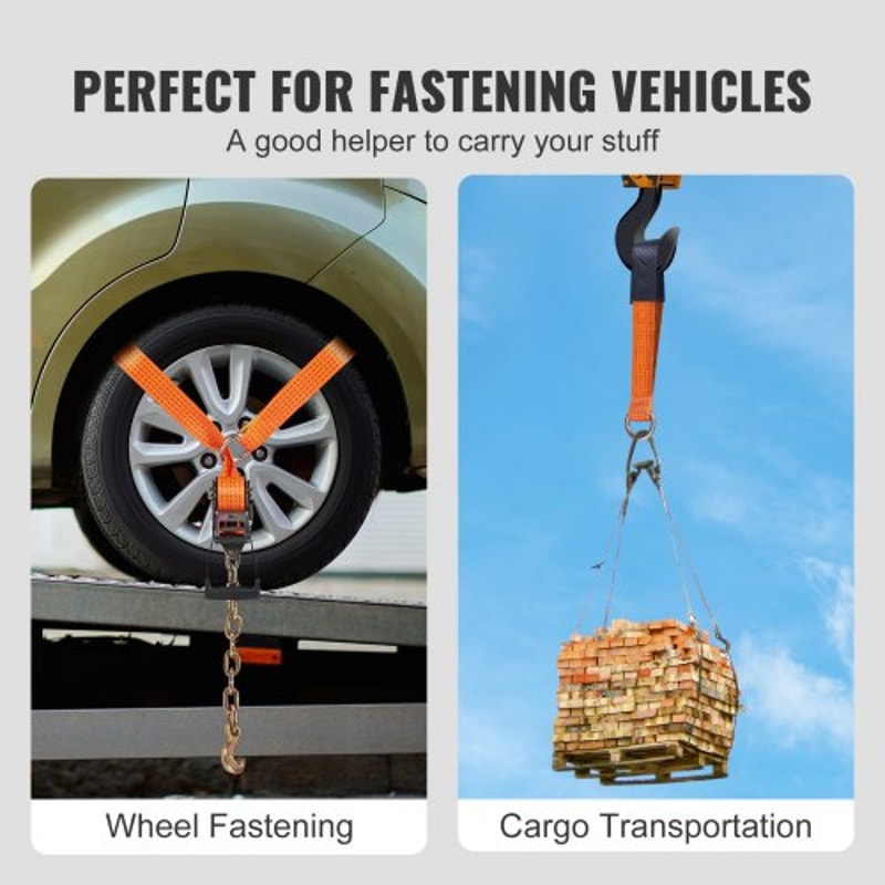 Heavy Duty Vehicle Tie Down Straps 4 Pack with Chain Anchors & Ratchets