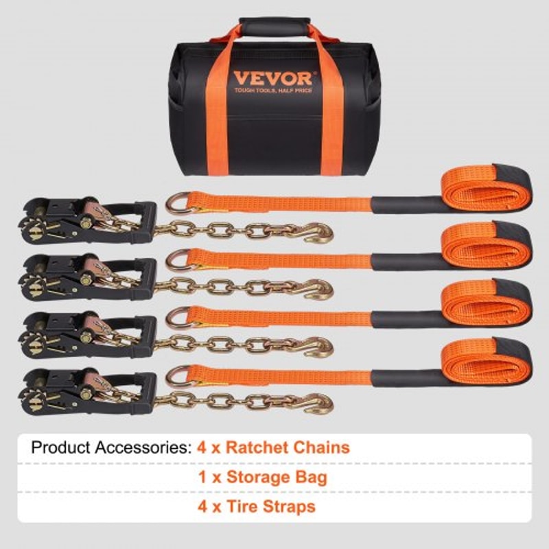 Heavy Duty Vehicle Tie Down Straps 4 Pack with Chain Anchors & Ratchets