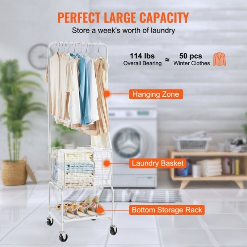 Metal Rolling Laundry Cart With Adjustable Garment Rack Wheels Heavy Duty Laundry Organizer 2