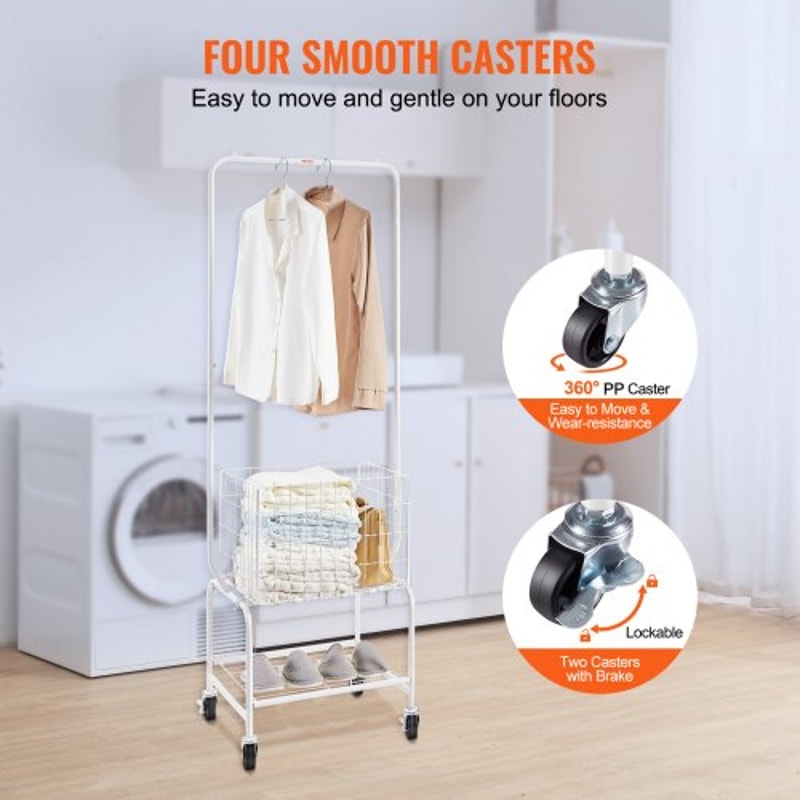 Metal Rolling Laundry Cart With Adjustable Garment Rack Wheels Heavy Duty Laundry Organizer 3