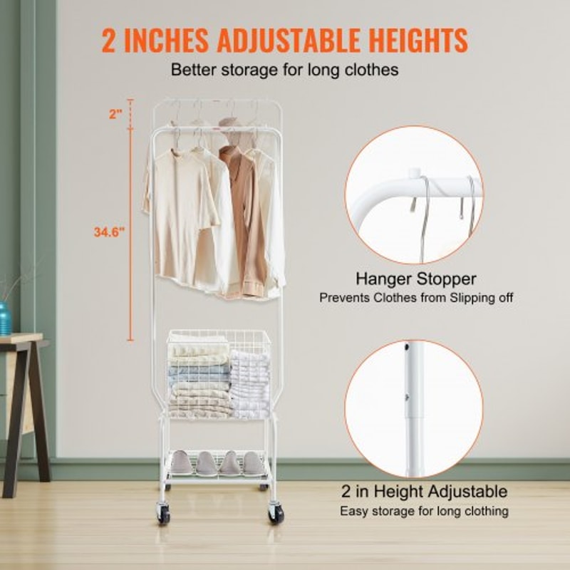 Metal Rolling Laundry Cart With Adjustable Garment Rack Wheels Heavy Duty Laundry Organizer 4