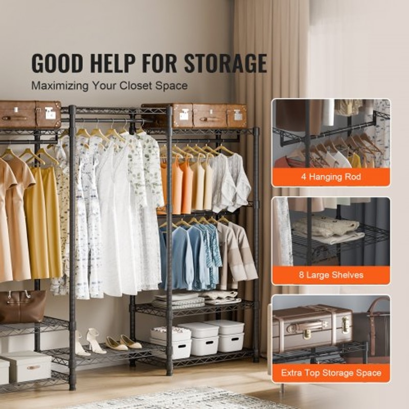 Premium Heavy Duty Clothes Rack Adjustable Rolling Garment Rack With 4 Rods 8 Shelves 3