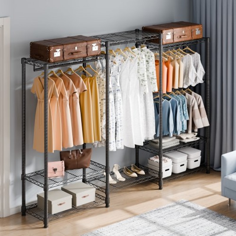 Premium Heavy Duty Clothes Rack Adjustable Rolling Garment Rack With 4 Rods 8 Shelves 6