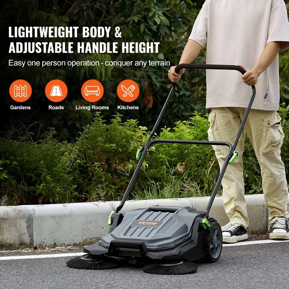 Manual Walkbehind Floor Sweeper Sweeping Width NonElectric Hand Push Gallon Waste Container Adjusta 1