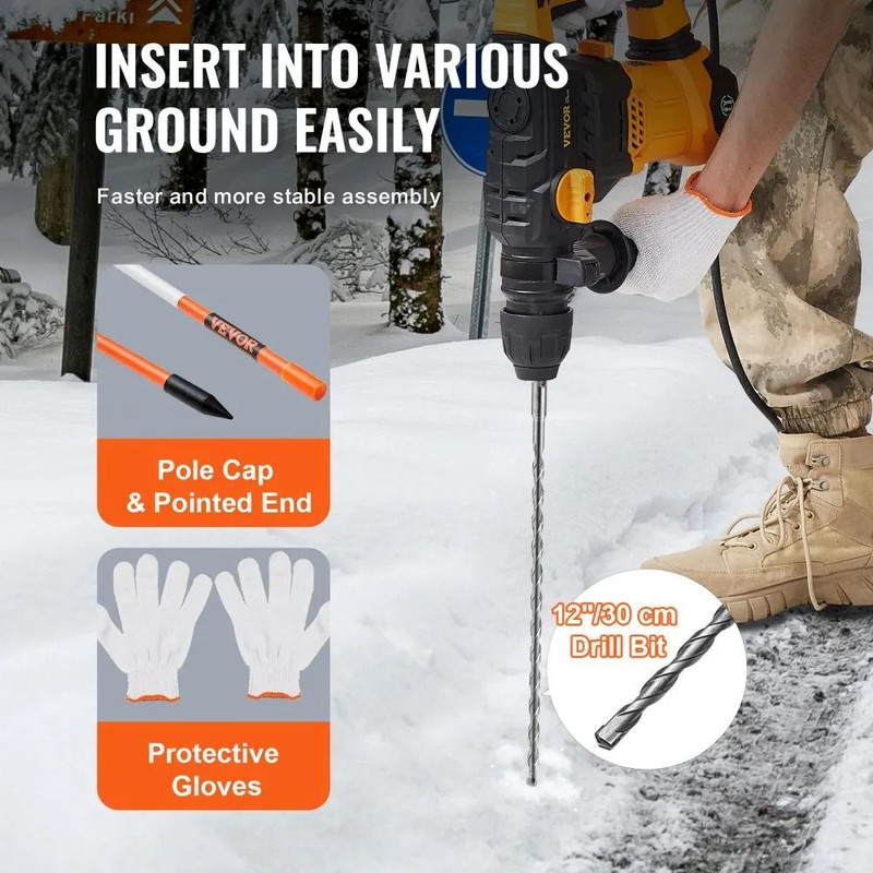 Orange Fiberglass Driveway Markers Snow Stakes With Reflective Tape Steel Drill Bit Gloves For Walk 3