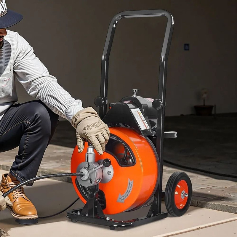 Electric Drain Auger Powerful Sewer Cleaner Machine With Auto Feed Interchangeable Cutters Air Foot 4