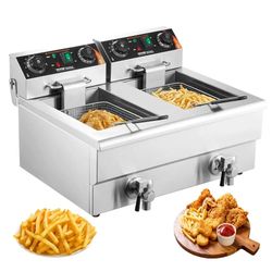 dual tank commercial electric deep fryer , oil fryer with basket, stainless steel countertop fryer, time and temperature