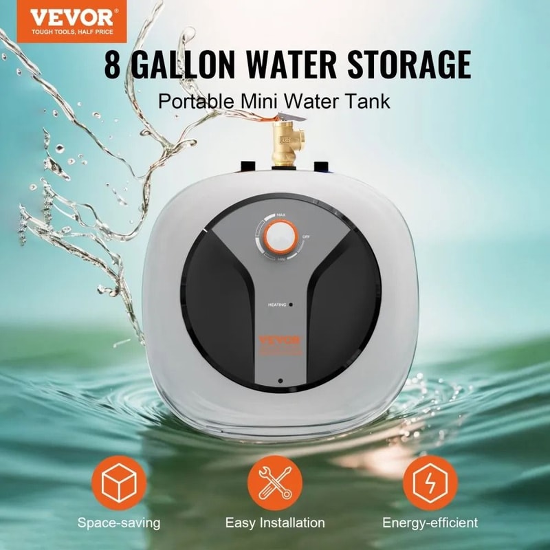 Electric MiniTank Water Heater Tank Hot Water Boiler Safety Temperature Pressure Valve Easy Install 1