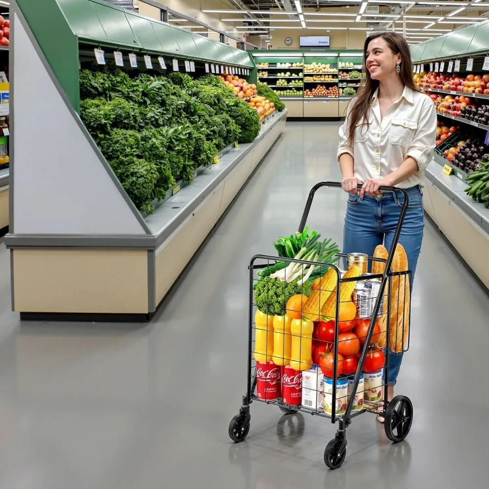 Heavy Duty Folding Shopping Cart Large Capacity Jumbo Grocery Cart With Dual Baskets 360 Swivel Whe 4