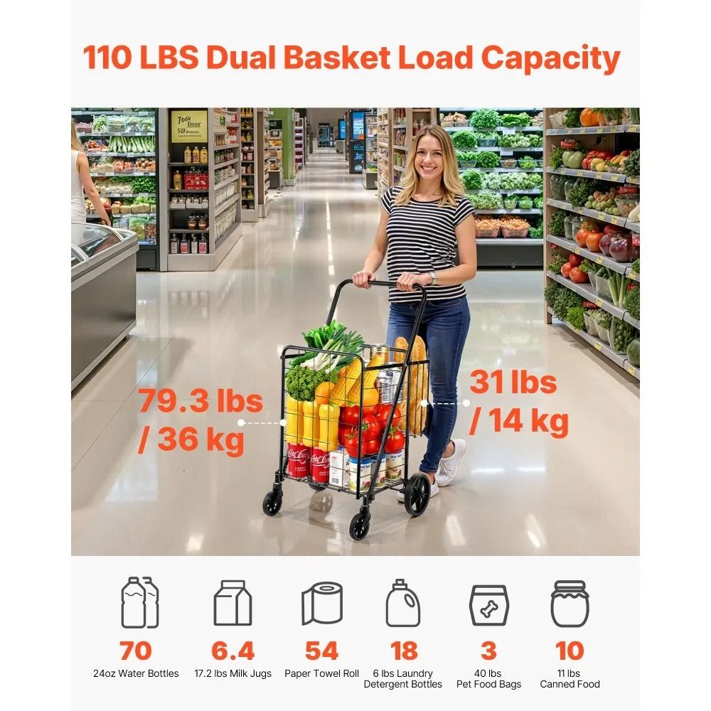 Heavy Duty Folding Shopping Cart Large Capacity Jumbo Grocery Cart With Dual Baskets 360 Swivel Whe 1