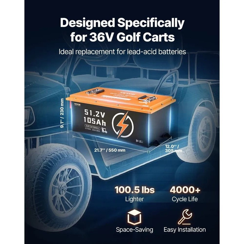 Golf Cart Battery With BMS LiFePO4 Battery Fast Charger Touch Monitor And App Control Plus Cycle 2
