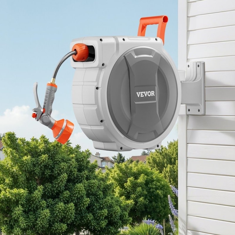84FT Retractable Garden Hose Reel Wall Mounted With 9 Spray Nozzle Slow Return System 6
