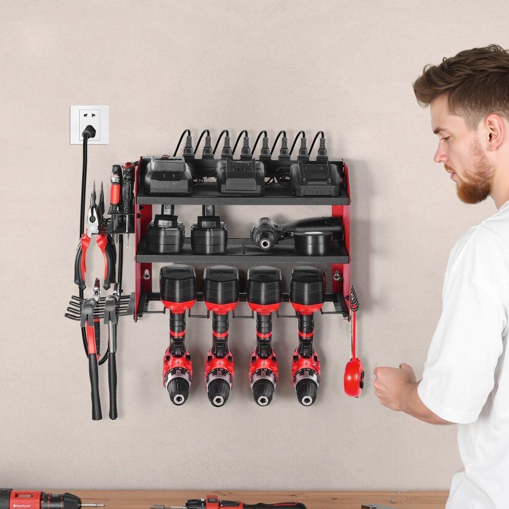 WallMounted Power Tool Organizer With Charging Station 3Tier Drill Storage Rack For Garage 5