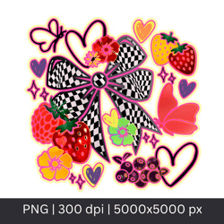 strawberry checkered ribbon png coquette fruits design