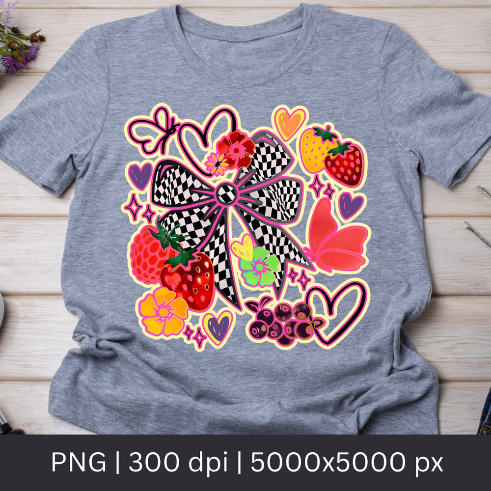 Strawberry Checkered Ribbon Png Coquette Fruits Design 1