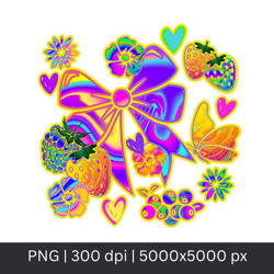 neon strawberries ribbon png coquette fruits design