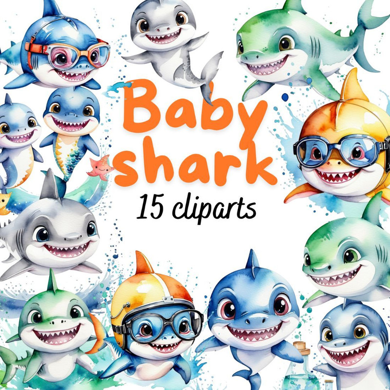Baby Sharks Png Cartoons Cliparts Set 0