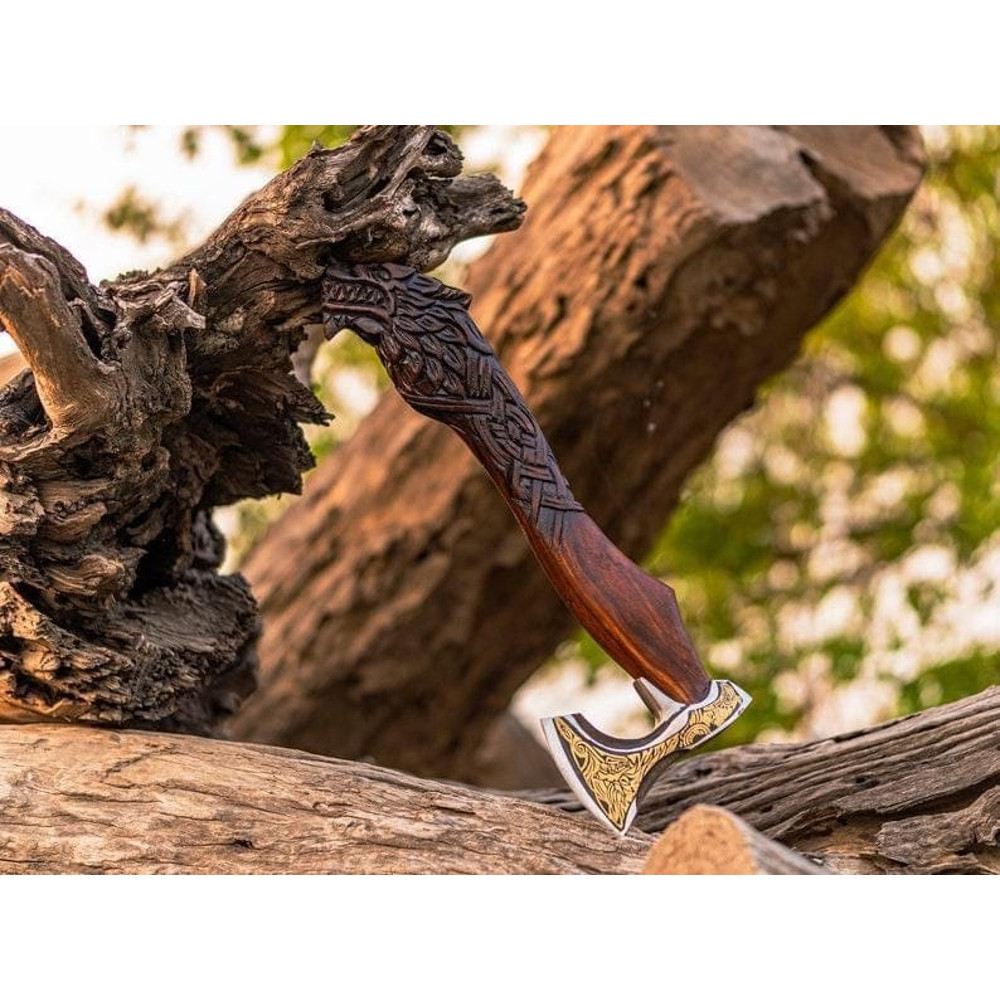 Handcrafted Viking Axe With Wolf Head Carved Wooden Handle Brass Inlay Custom Engraved Norse Batt 0