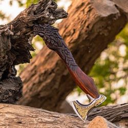 handcrafted viking axe with wolf head carved wooden handle & brass inlay – custom engraved norse battle axe – unique col