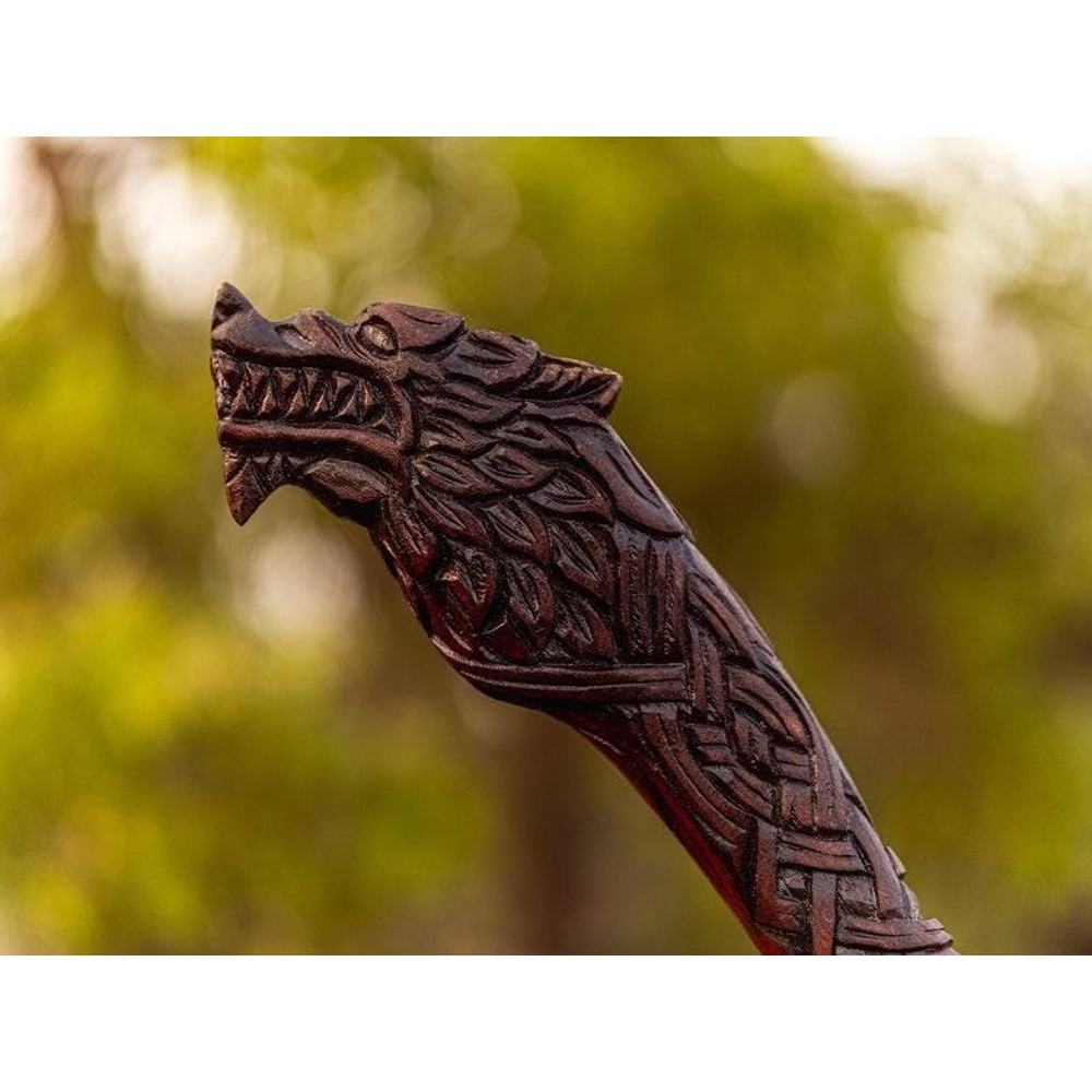 Handcrafted Viking Axe With Wolf Head Carved Wooden Handle Brass Inlay Custom Engraved Norse Batt 1