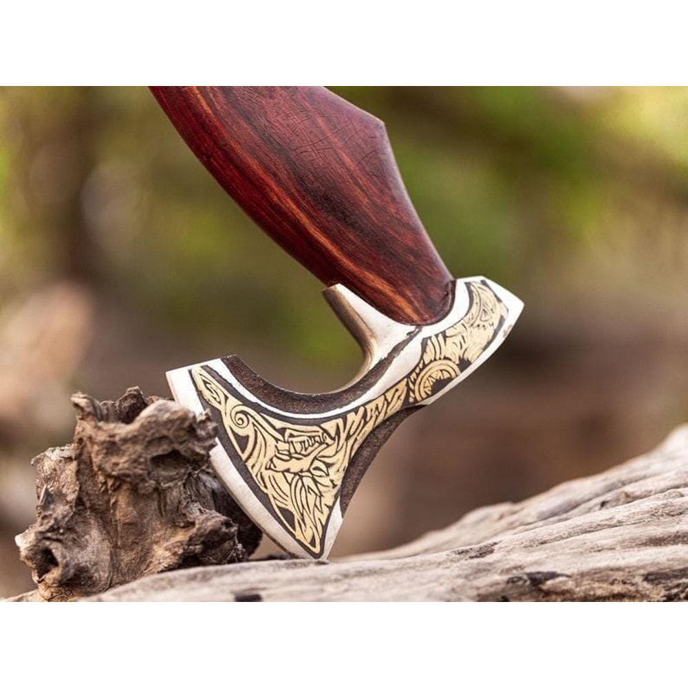 Handcrafted Viking Axe With Wolf Head Carved Wooden Handle Brass Inlay Custom Engraved Norse Batt 2