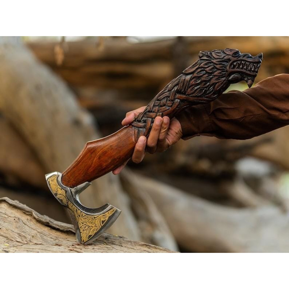 Handcrafted Viking Axe With Wolf Head Carved Wooden Handle Brass Inlay Custom Engraved Norse Batt 3