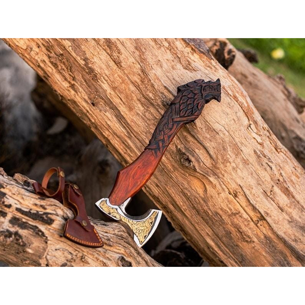 Handcrafted Viking Axe With Wolf Head Carved Wooden Handle Brass Inlay Custom Engraved Norse Batt 4