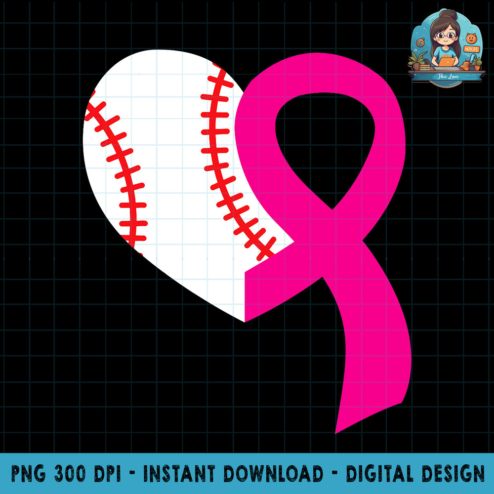 Baseball Heart Pink Ribbon Cool Breast Cancer Awareness Gift PNG Download.jpg
