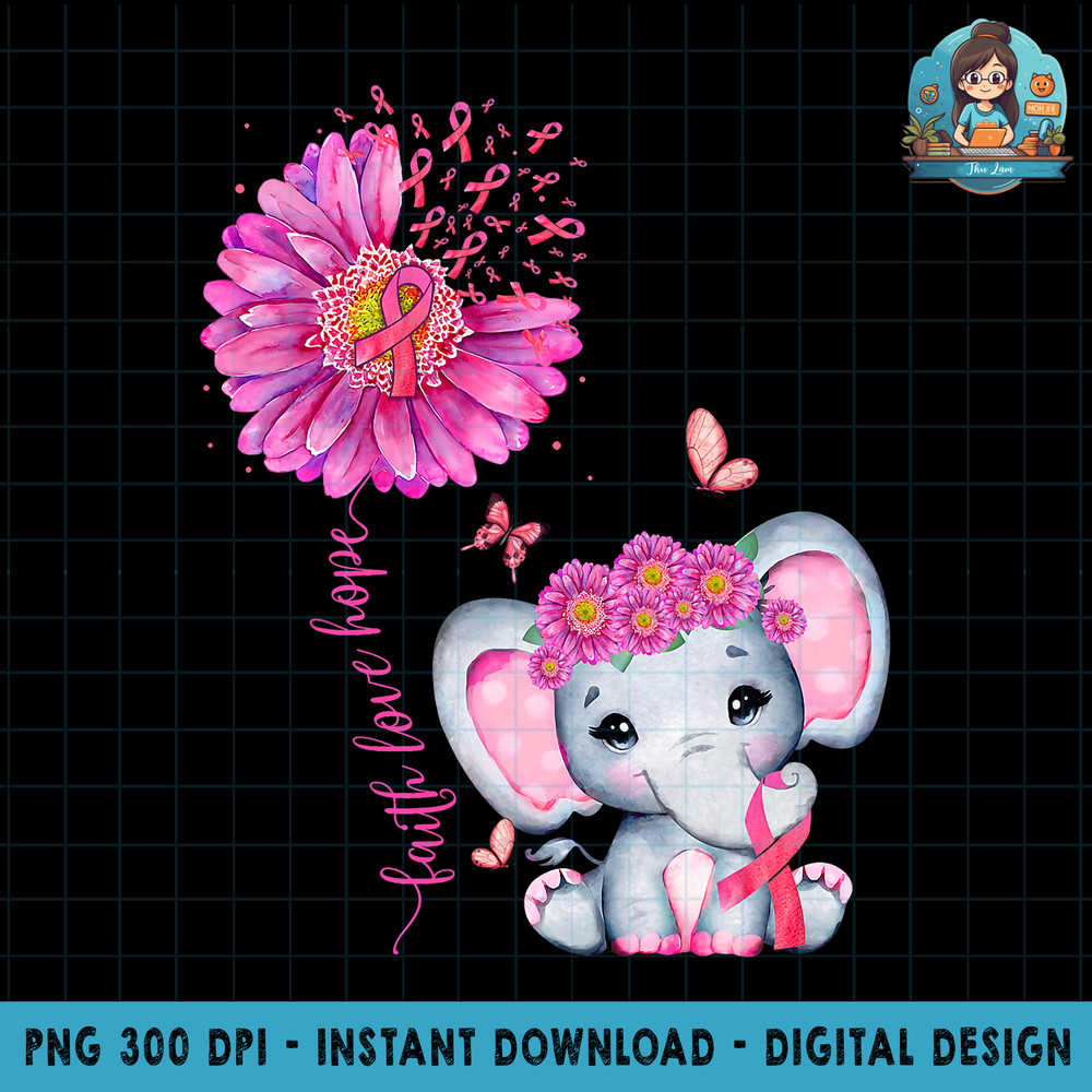 Breast Cancer Cute Elephant With Sunflower And Pink Ribbon PNG Download.jpg