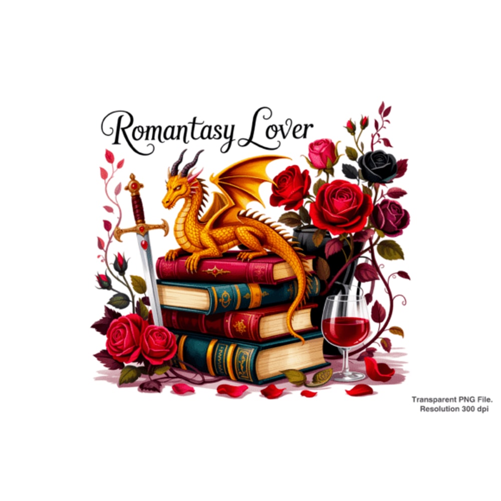 Fantasy Books PNG Floral Dragon Design 0