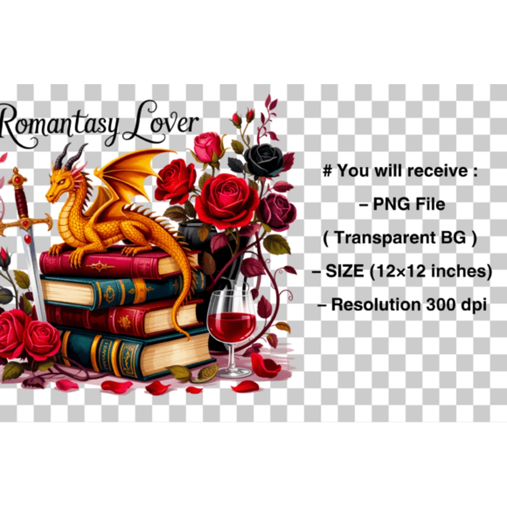 Fantasy Books PNG Floral Dragon Design 1