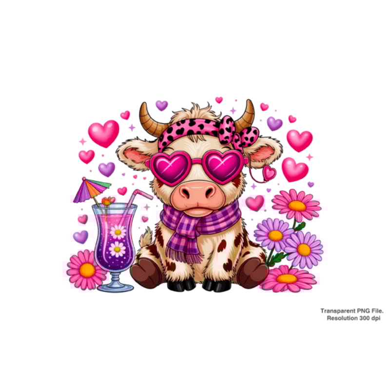 Highland Cow And Flowers PNG Sublimation 0