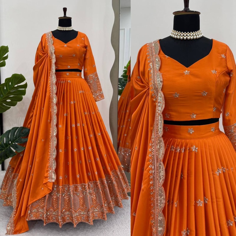 Orange Wedding Designer Party Wear Traditional And Floral Indian Sequence Work With Lehenga Blouse 0