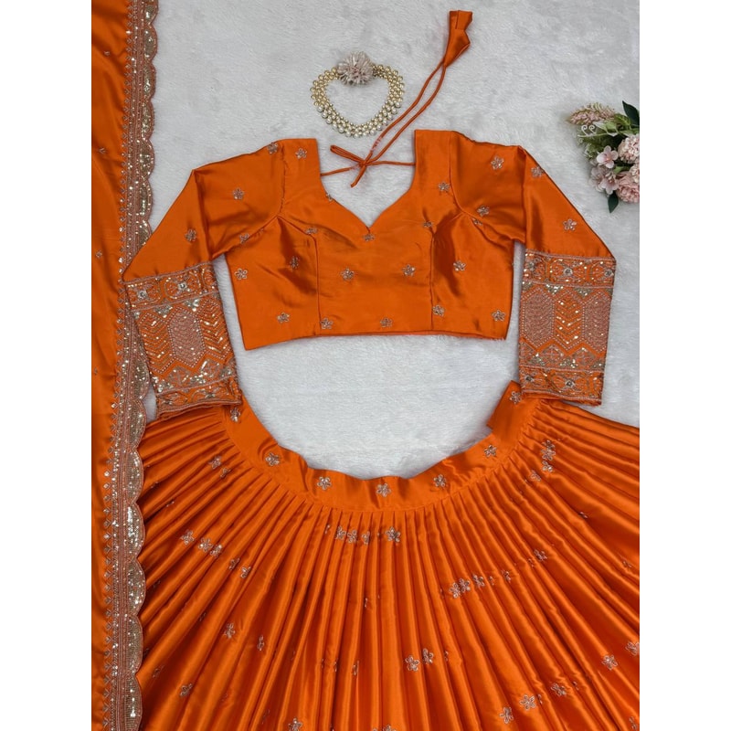 Orange Wedding Designer Party Wear Traditional And Floral Indian Sequence Work With Lehenga Blouse 5
