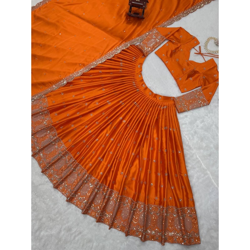 Orange Wedding Designer Party Wear Traditional And Floral Indian Sequence Work With Lehenga Blouse 7