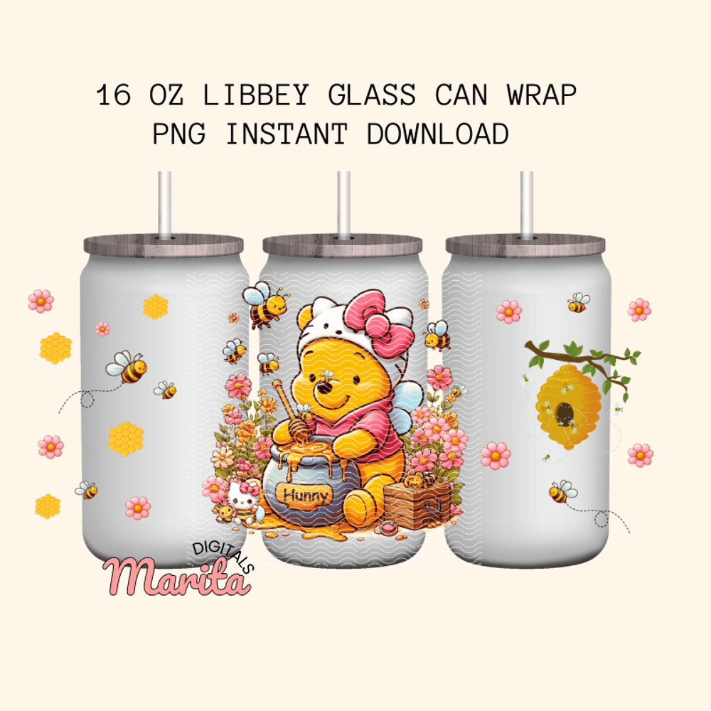 Digital Download Winnie The Pooh 16 Oz Libbey Glass Can PNG Glass Can Design Sublimation Designs UV 0
